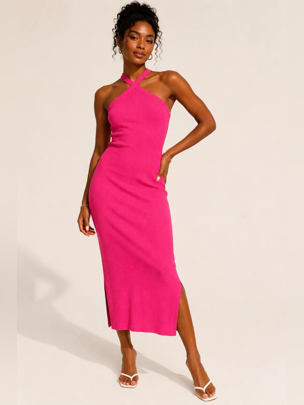 Old Navy Lotus Blossom Ribbed Halter Midi Dress Pink Size Large